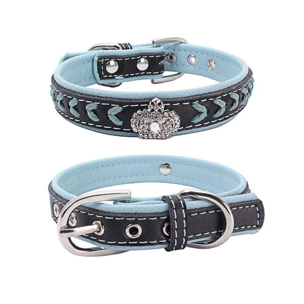 Crown Leather Dog Collar (Blue) - PawdyGuard
