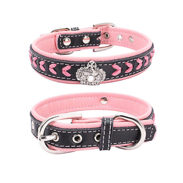 Crown Leather Dog Collar (Pink) - PawdyGuard