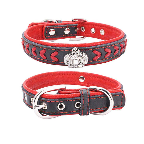 Crown Leather Dog Collar (Red) - PawdyGuard
