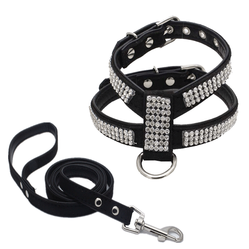 Rhinestone Leather Dog Harness Set - PawdyGuard